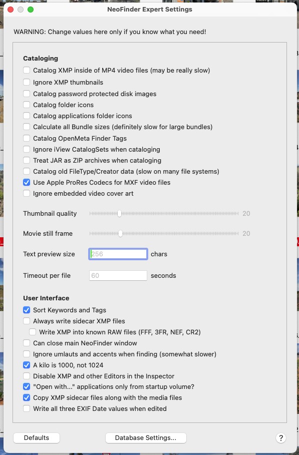 this is the advanced setting, I see nothing here that prevents neofinder from reading the thumbnails, unless I missed something?